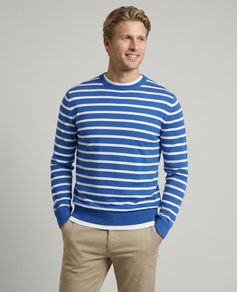 Striped Cotton Crew Neck Sweater | Cobalt