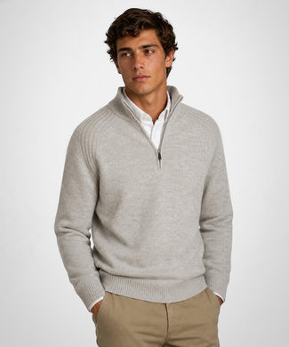 Zip Mock Ribbed Trui Lamswol | Medium Grey Melange Zip Mock Ribbed Trui Lamswol | Medium Grey Melange