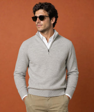 Zip Mock Ribbed Trui Lamswol | Medium Grey Melange Zip Mock Ribbed Trui Lamswol | Medium Grey Melange
