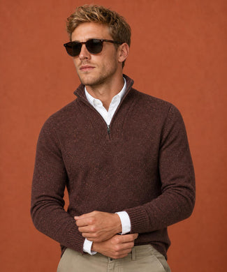 Fishermans Zip Mock Trui Wol | Chocolate Brown Fishermans Zip Mock Trui Wol | Chocolate Brown