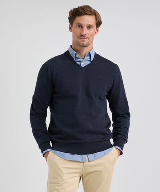 Sweater V-neck Cotton Merino | Navy