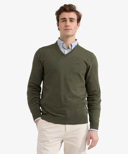 Sweater V-neck Cotton | Olive