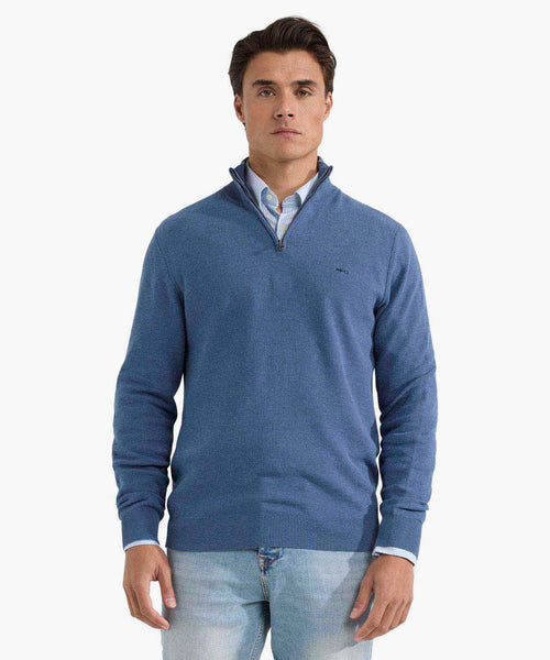 Sweater Zipper Collar Cotton with Logo | Vintage Blue