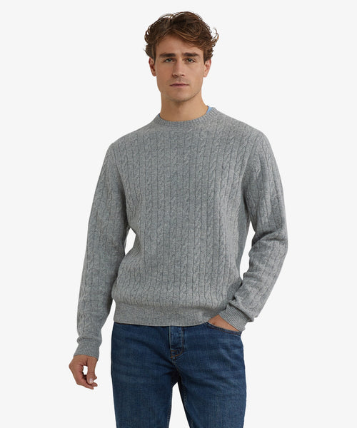 Trui Lamswol Rondehals Kabelpatroon | Medium Grey Melange