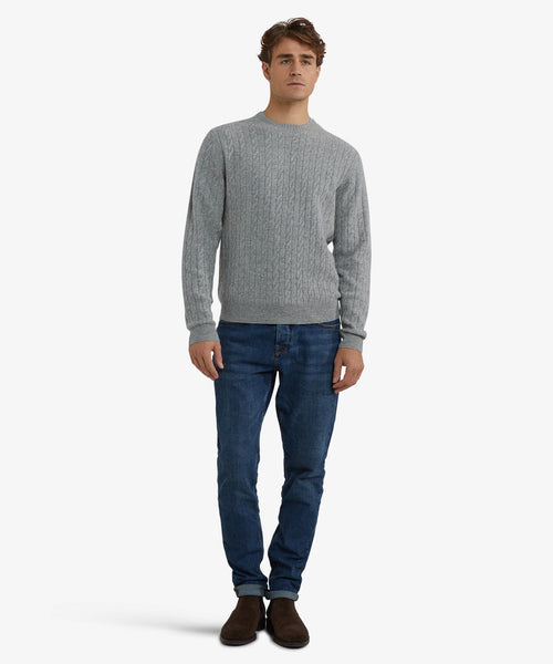 Trui Lamswol Rondehals Kabelpatroon | Medium Grey Melange