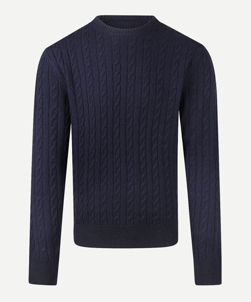 Sweater Lambswool Round Neck Cable Pattern | Navy