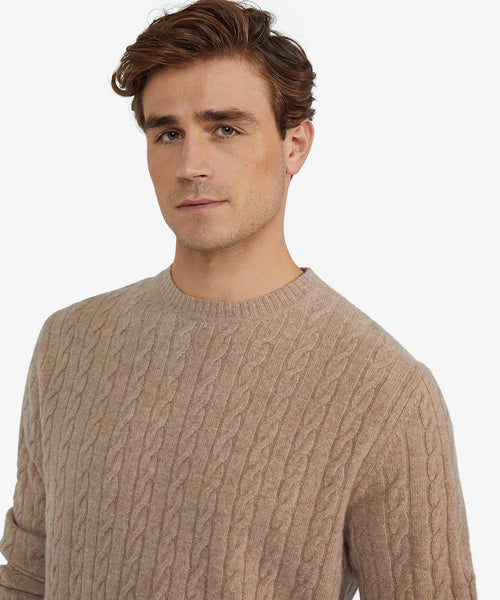 Lambswool Round Neck Cable Knit Sweater | Sand