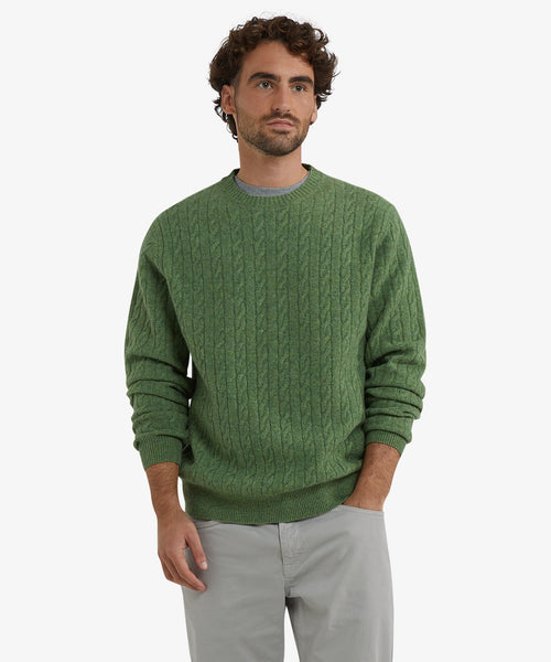 Lambswool Round Neck Cable Knit Sweater | Moss Green