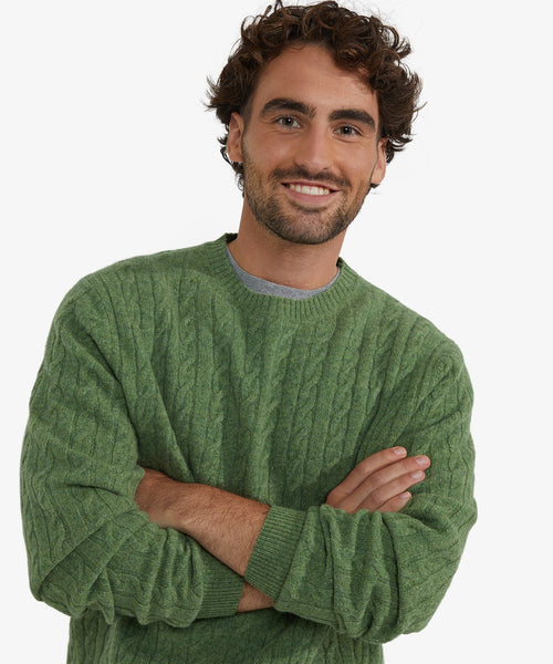 Lambswool Round Neck Cable Knit Sweater | Moss Green