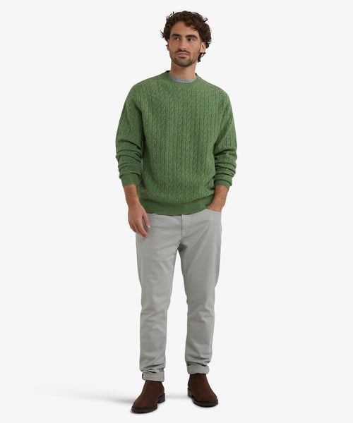 Lambswool Round Neck Cable Knit Sweater | Moss Green