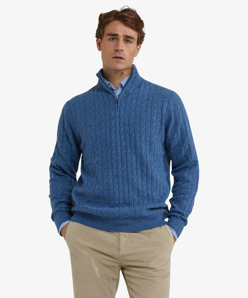 Half-Zip Lambswool Cable Knit Sweater | Worker Blue