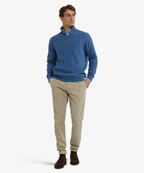 Half-Zip Lambswool Cable Knit Sweater | Worker Blue