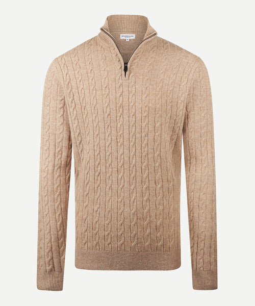 Trui Half-Zip Lamswol Kabelpatroon | Sand