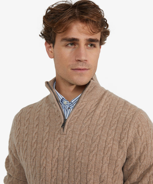 Half-Zip Lambswool Cable Knit Sweater | Sand