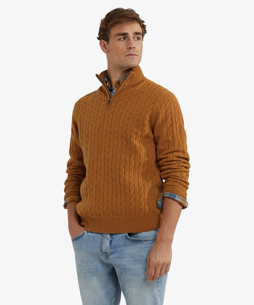 Trui Half-Zip Lamswol Kabelpatroon | Autumn Yellow