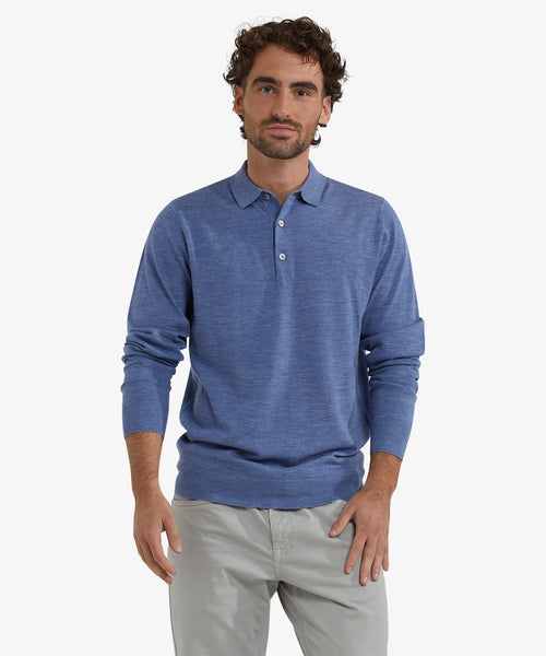 Luxury Merino Wool Long Sleeve Polo Sweater | Vintage Blue