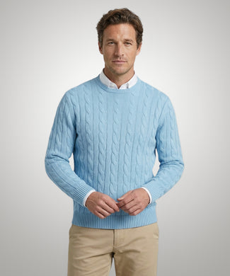 Cable Knit Sweater Cotton Crew Neck | Capri Blue