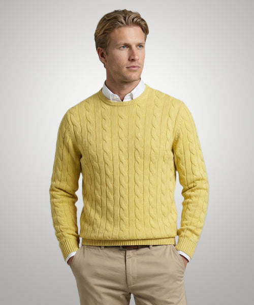 Trui Kabelpatroon Katoen Ronde Hals | Light Yellow