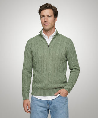 Half-Zip Cable Knit Sweater Cotton | Light Olive