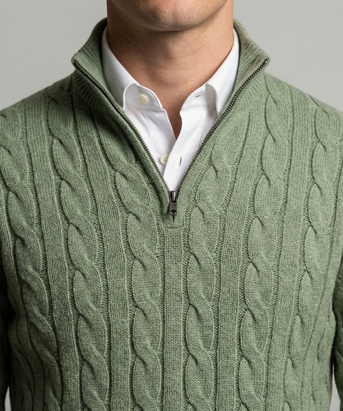 Trui Half-Zip Kabelpatroon Katoen | Light Olive