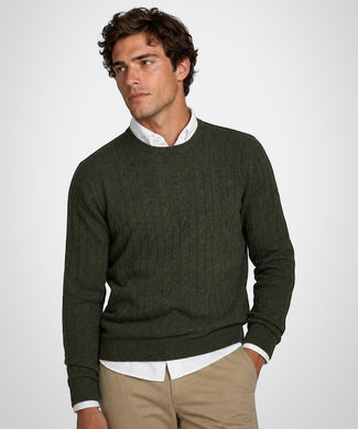 Cable Trui Lamswol Ronde Hals | Dark Olive