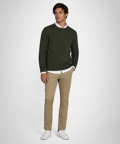 Cable Trui Lamswol Ronde Hals | Dark Olive