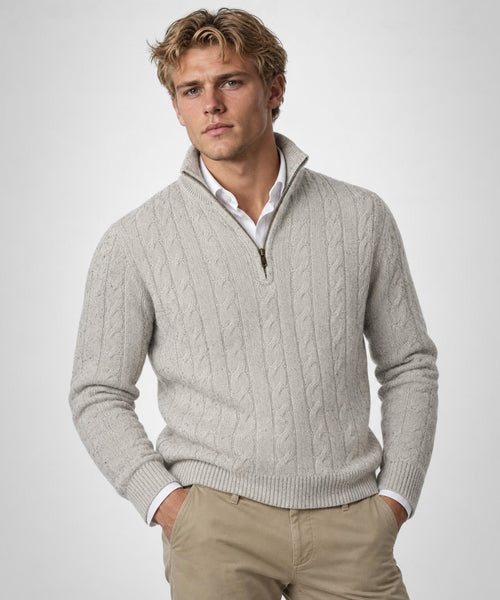 Cable Zip Mock Trui Lamswol | Medium Grey Melange