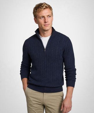Cable Zip Mock Trui Lamswol | Navy