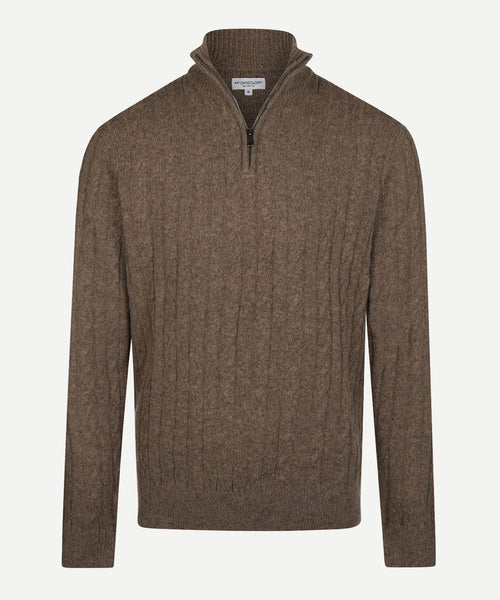 Cable Zip Mock Trui Lamswol | Chocolate Brown