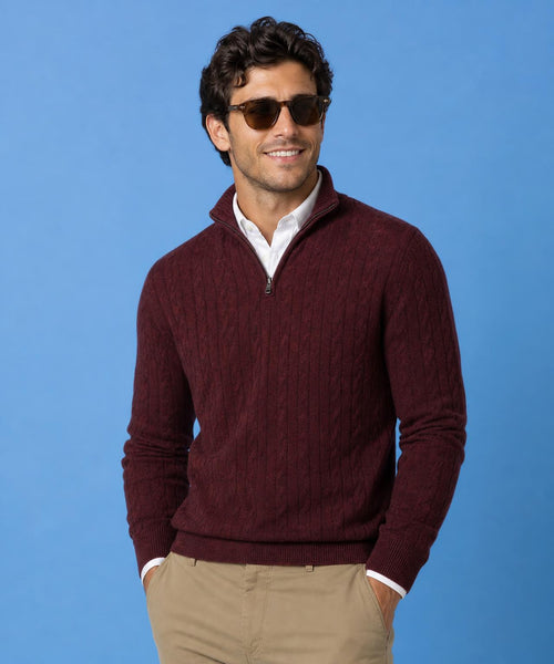Cable Zip Mock Trui Lamswol | Burgundy