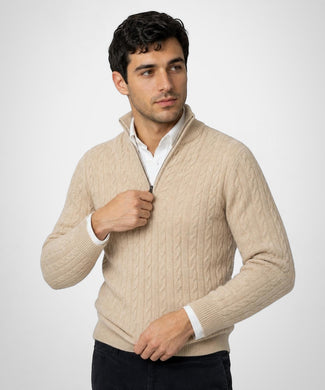 Cable Zip Mock Trui Lamswol | Stone