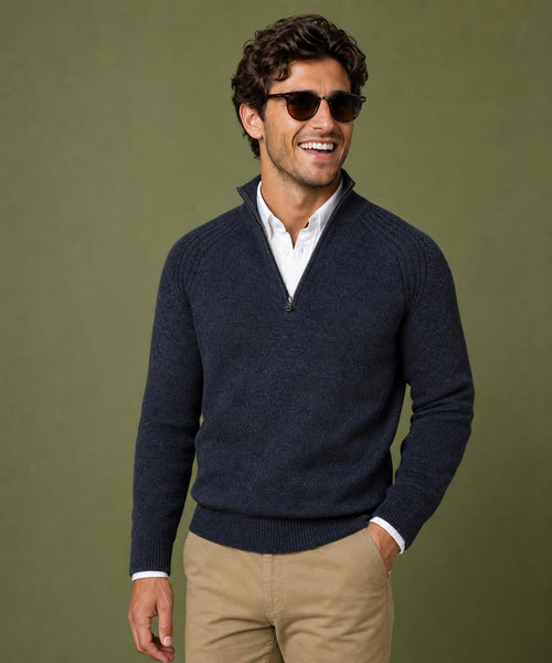 Zip Mock Ribbed Lambswool Sweater | Navy