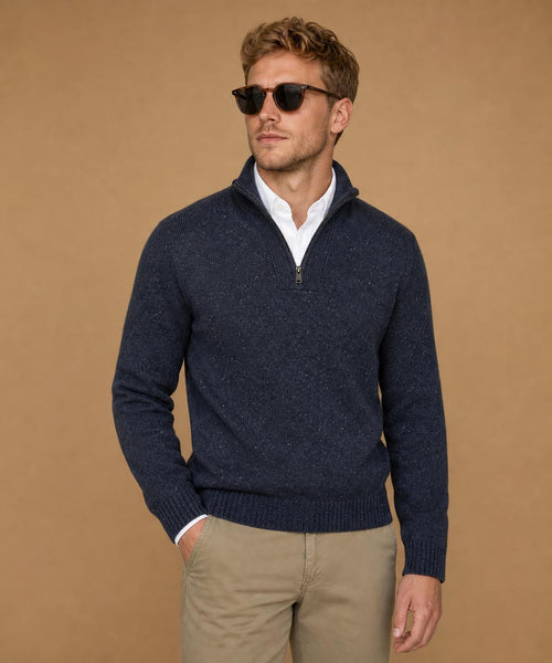 Fisherman's Zip Mock Wool Sweater | Navy