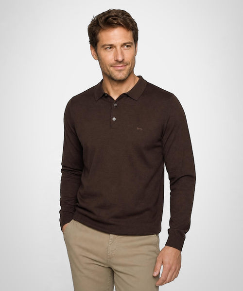 Fine Merino Longsleeve Polo | Chocolate Brown