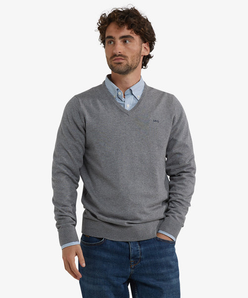 Cashmere Cotton V-Neck Sweater | Medium Grey Melange