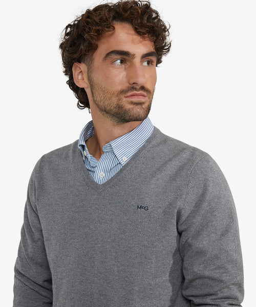 Cashmere Cotton V-Neck Sweater | Medium Grey Melange