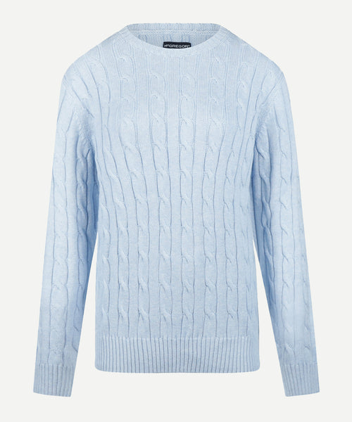 Cable Knit Sweater Cotton Cashmere Round Neck | Light Blue