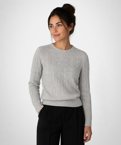 Cable Knit Wool Crew Neck Sweater | Medium Grey Melange