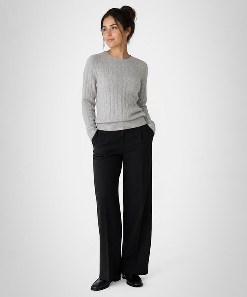 Cable Knit Wool Crew Neck Sweater | Medium Grey Melange