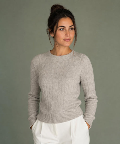 Cable Knit Wool Crew Neck Sweater | Medium Grey Melange