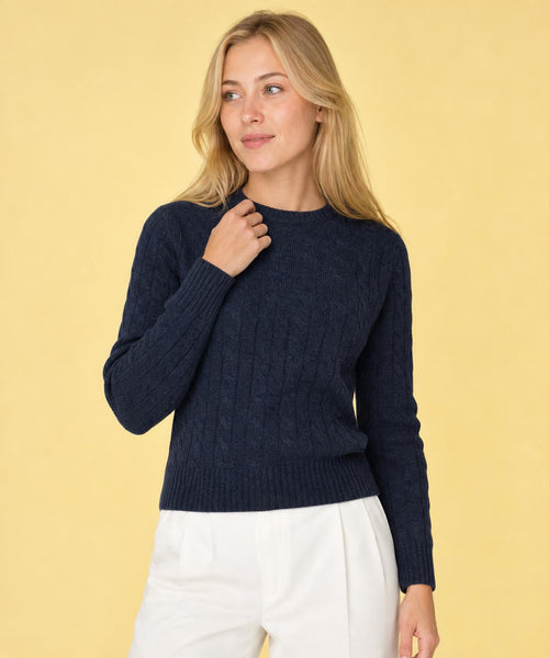 Cable Trui Wol Ronde Hals | Navy