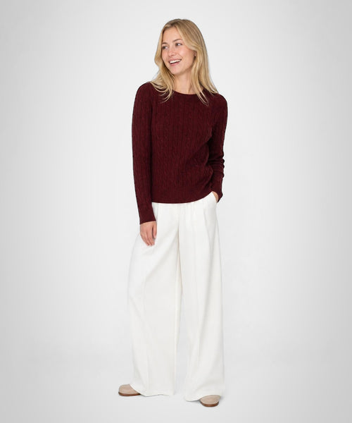 Cable Knit Wool Crew Neck Sweater | Burgundy