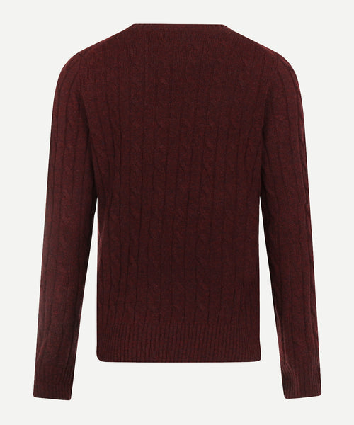 Cable Knit Wool Crew Neck Sweater | Burgundy
