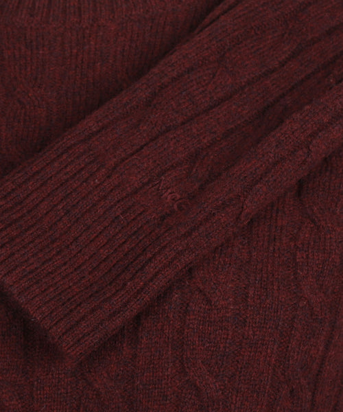 Cable Knit Wool Crew Neck Sweater | Burgundy
